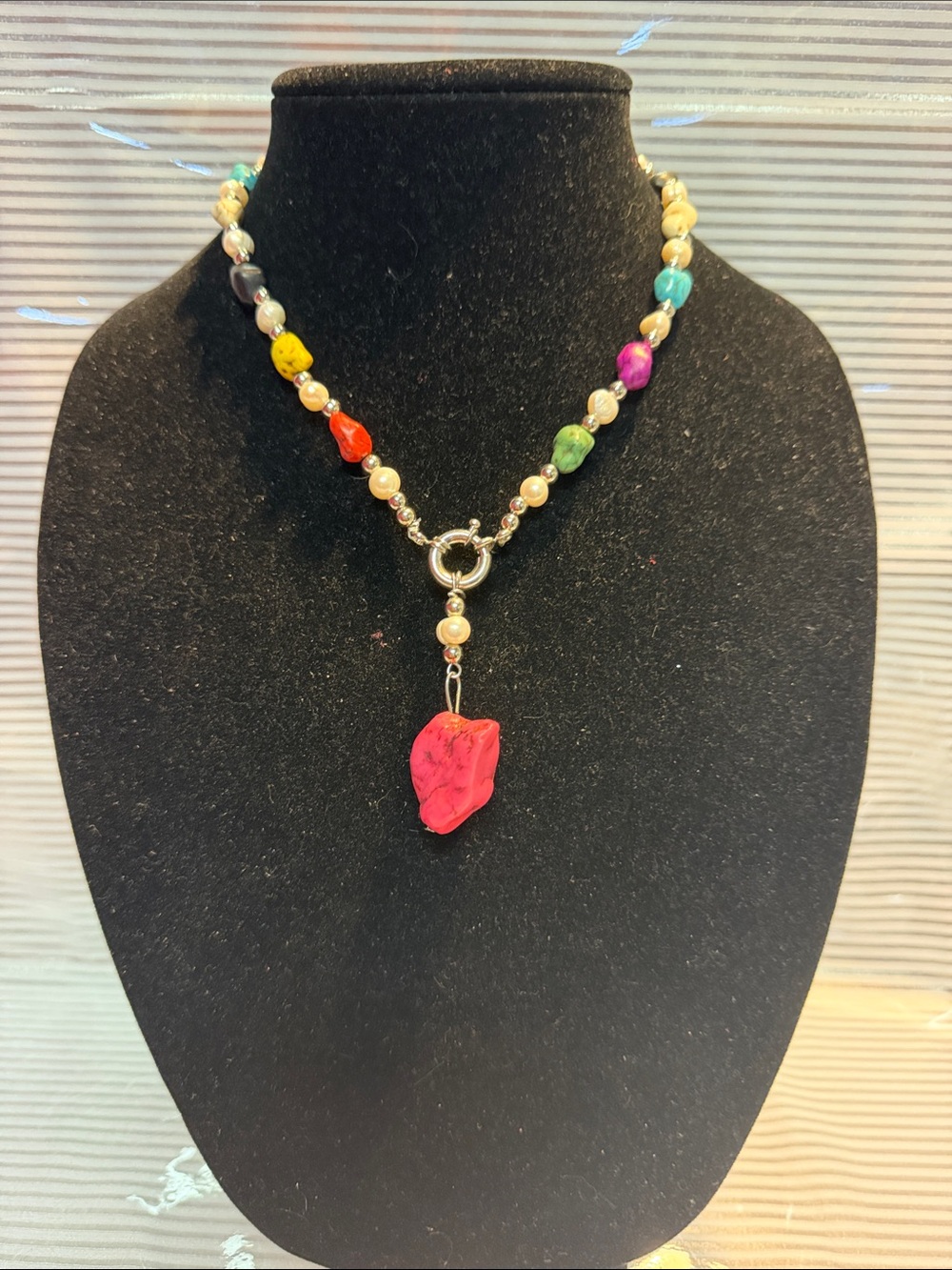 Source Unknown Multicolor Gemstone and Pearl Toggle Necklace with Pink Pendant